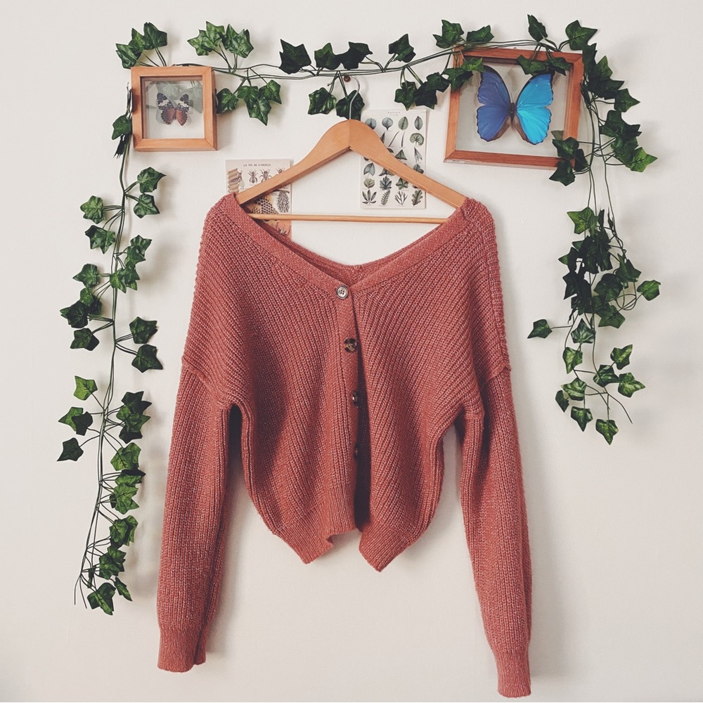 Coral Red V-Neck Button Up Sweater